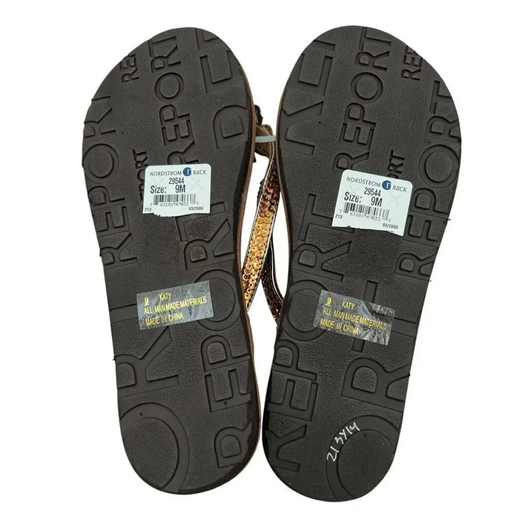 NWT REPORT Women's Katy Sequined Butterfly Flip Flop Sandals Bronze Size 9M
